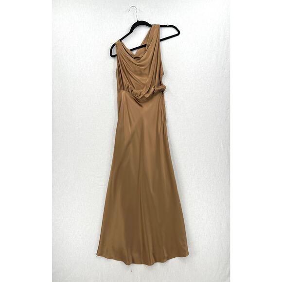 THE SEI Off The Shoulder Silk Maxi Dress Women 2 Brown Satin Cowl Neck Side Slit - Picture 4 of 16